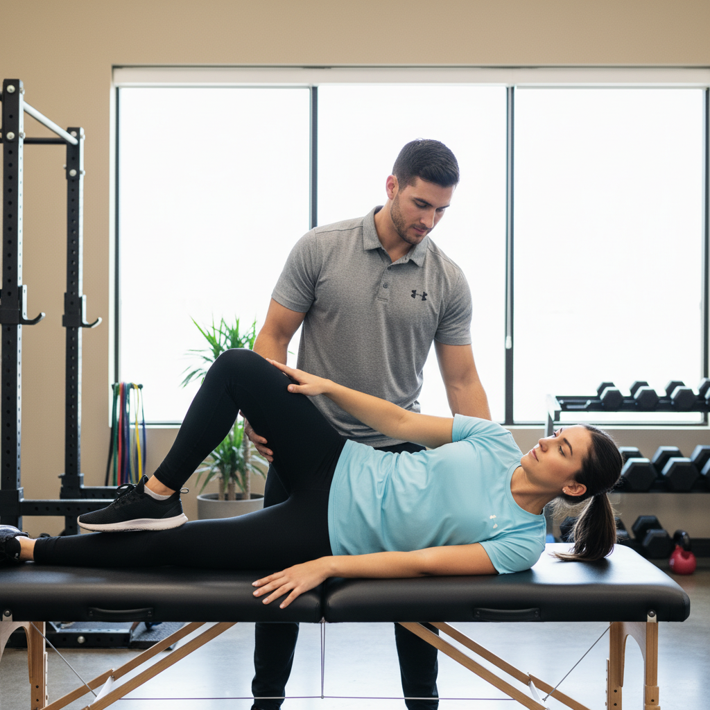  One-on-one physical therapy session in Knoxville with therapist providing personalized rehabilitation care to active adult patient