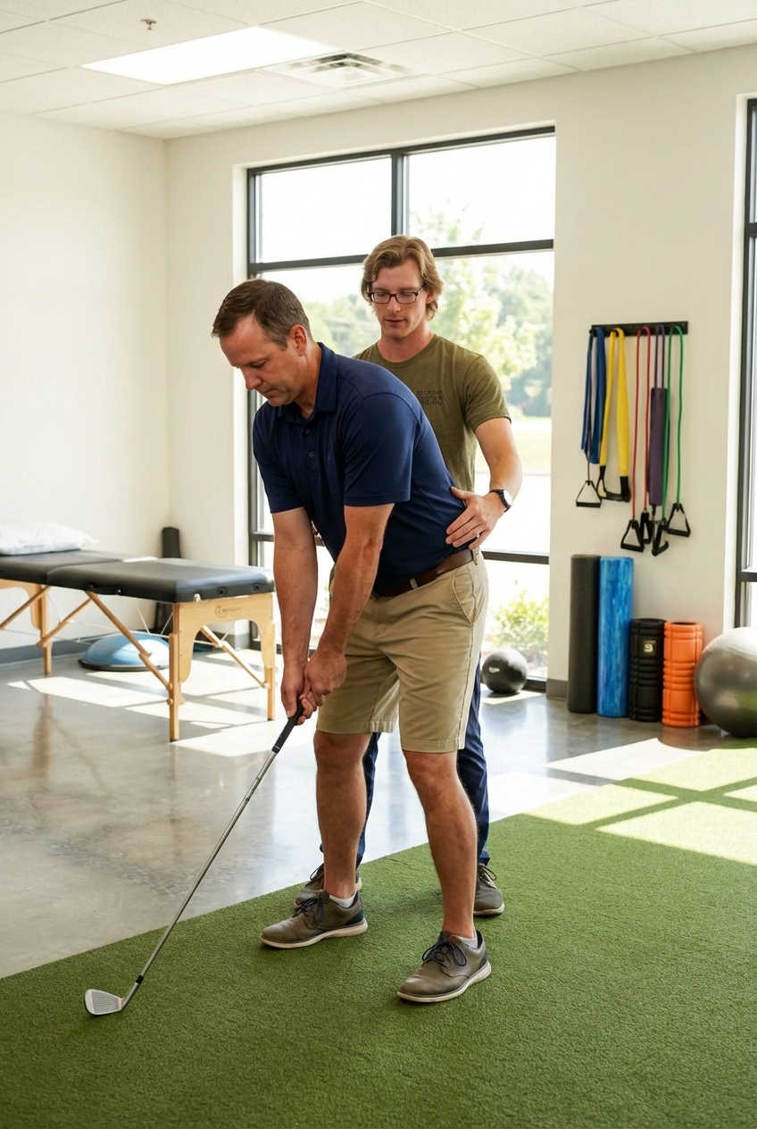 Patient working with a provider at a physical therapy clinic in Knoxville during golf swing analysis
